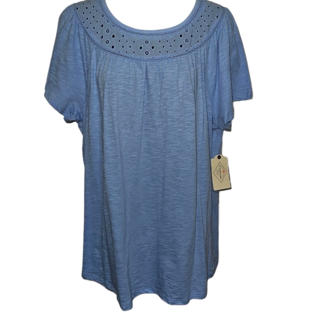 NWT St. John's Bay Cut Out Embroidered Scoop Neck Short Sleeve Top